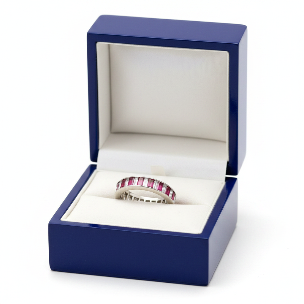 Baguette Diamond Ruby Eternity Ring in Royal Blue Wooden Box