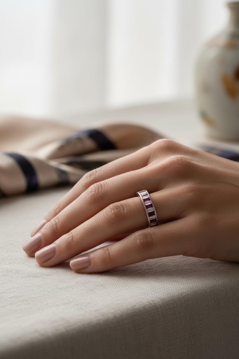 Baguette Diamond Ruby Eternity Ring on Model
