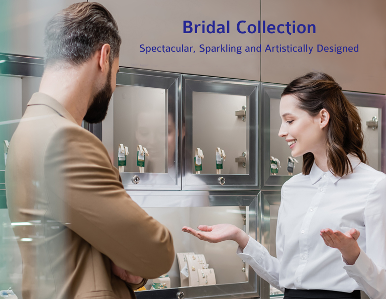 Woman showing jewelry to a man in a bridal collection setting