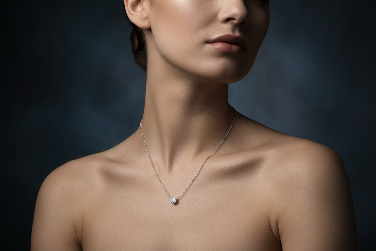 Bezel Set Round Diamond Solitaire Necklace on Model