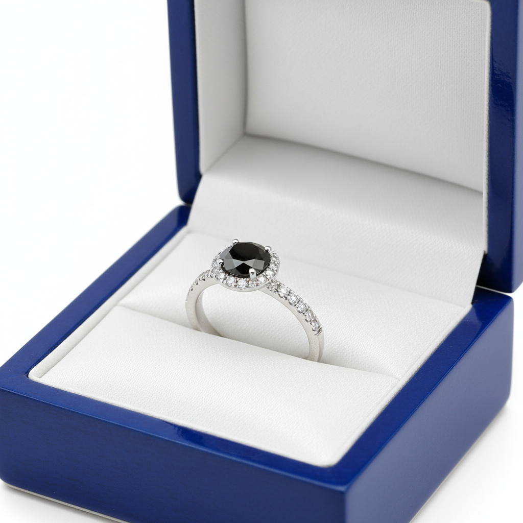 14k gold black solitaire diamond fashion ring with 0.65 ct total weight, displayed in a royal blue wooden box.