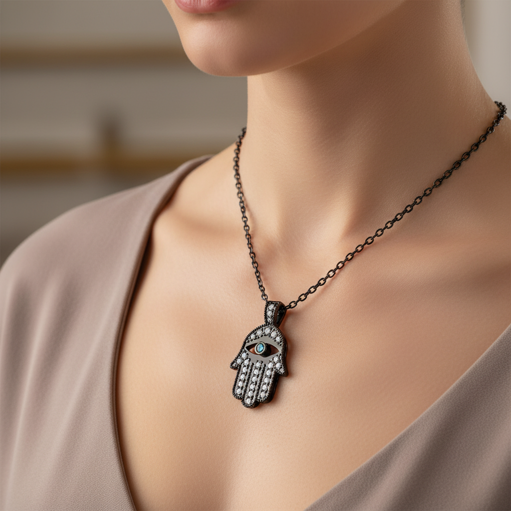 Black Gold Hamsa Diamond Necklace on Model