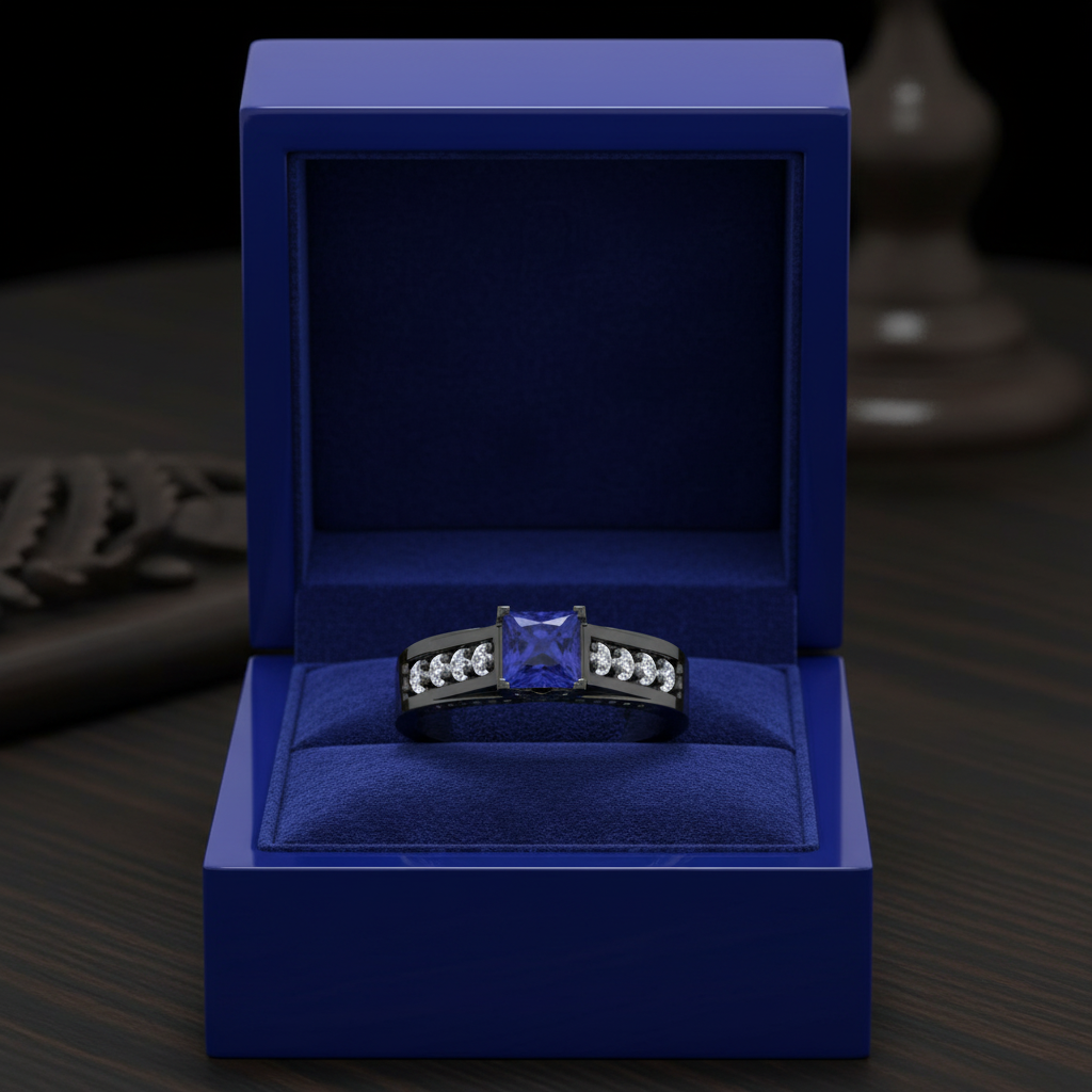 14k black gold fashion ring featuring a square tanzanite and diamond accents, displayed in a gift box.