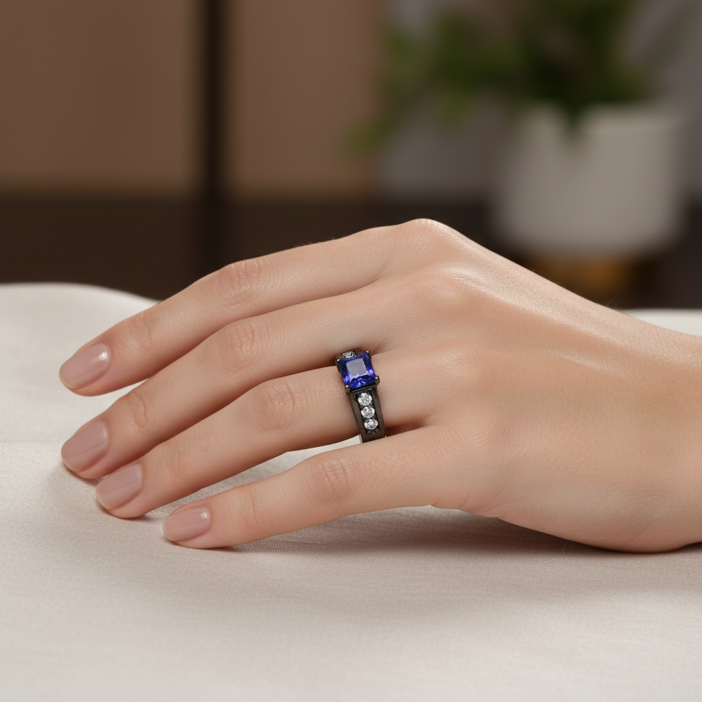 14k black gold fashion ring with a square Tanzanite and diamond accents, worn on a hand.