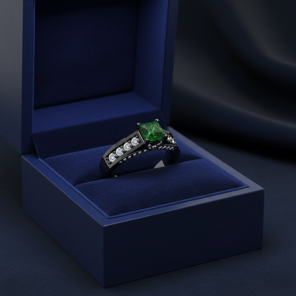 14k black gold fashion ring with square tsavorite gemstones and diamonds, displayed in a jewelry gift box.
