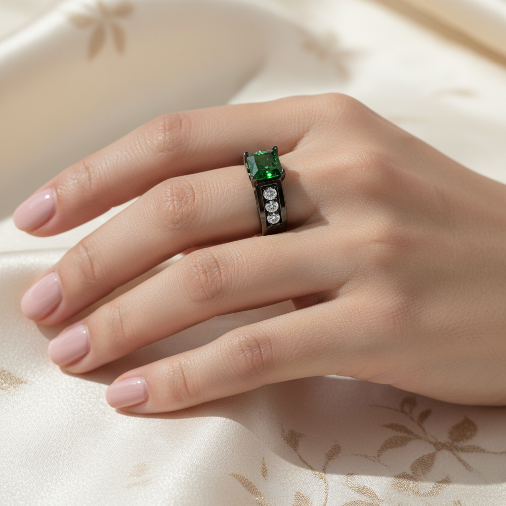 14k black gold fashion ring with square Tsavorite and diamond accents on a hand, showcasing elegant jewelry design.