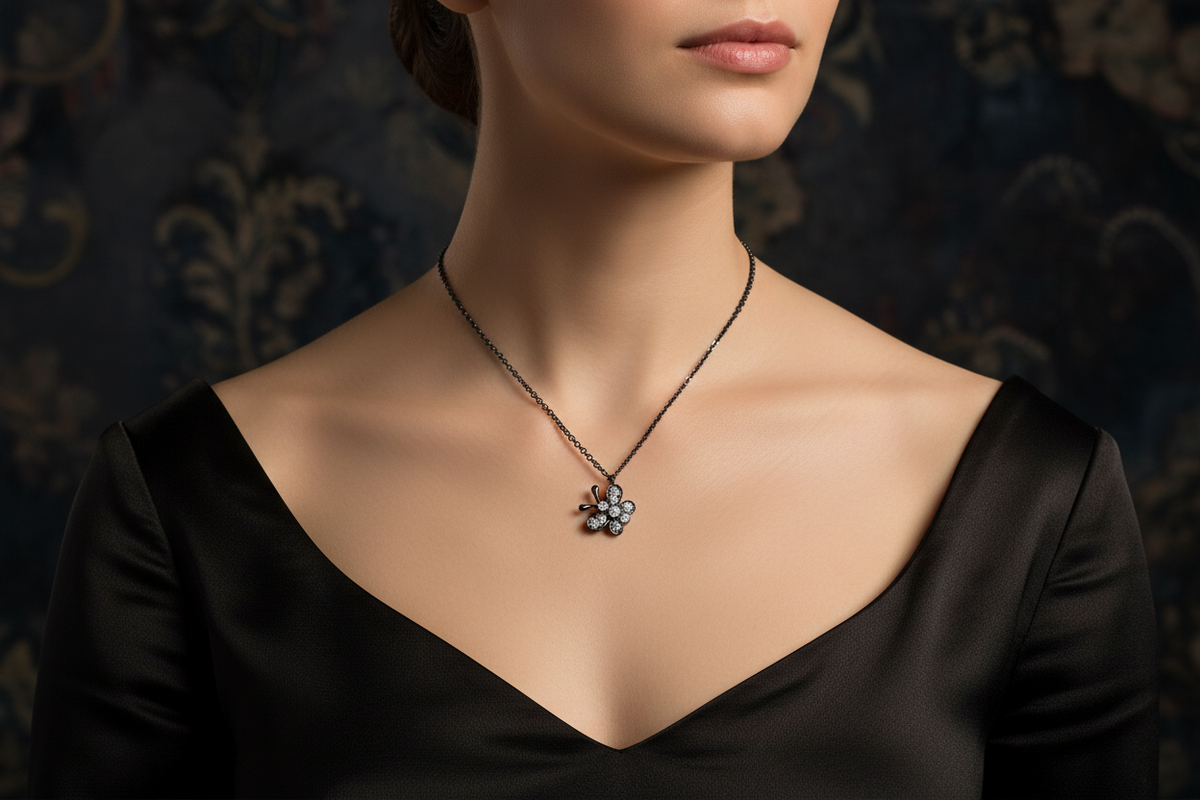 Black Rhodium Butterfly Necklace on Model