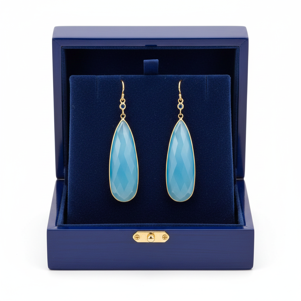 Blue Chalcedony Sapphire Earrings in Royal Blue Box