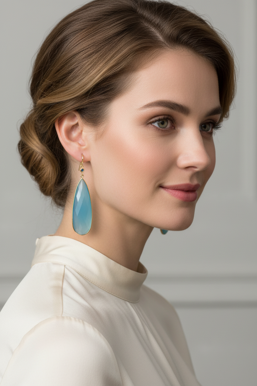 Blue Chalcedony Sapphire Earrings on Model