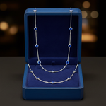 14k white gold sapphire by the yard necklace with 2.31 carats tw, displayed in a royal blue box, featuring vibrant blue sapphires.