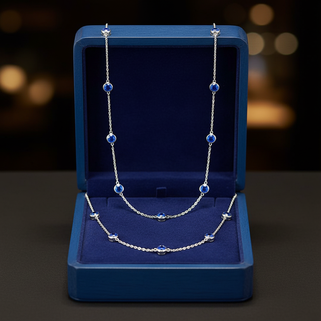 14k white gold sapphire by the yard necklace with 2.31 carats tw, displayed in a royal blue box, featuring vibrant blue sapphires.