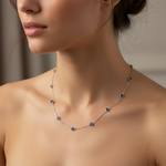 14k white gold sapphire by the yard necklace with 2.31 ct tw, featuring blue sapphires arranged along the chain on a model.