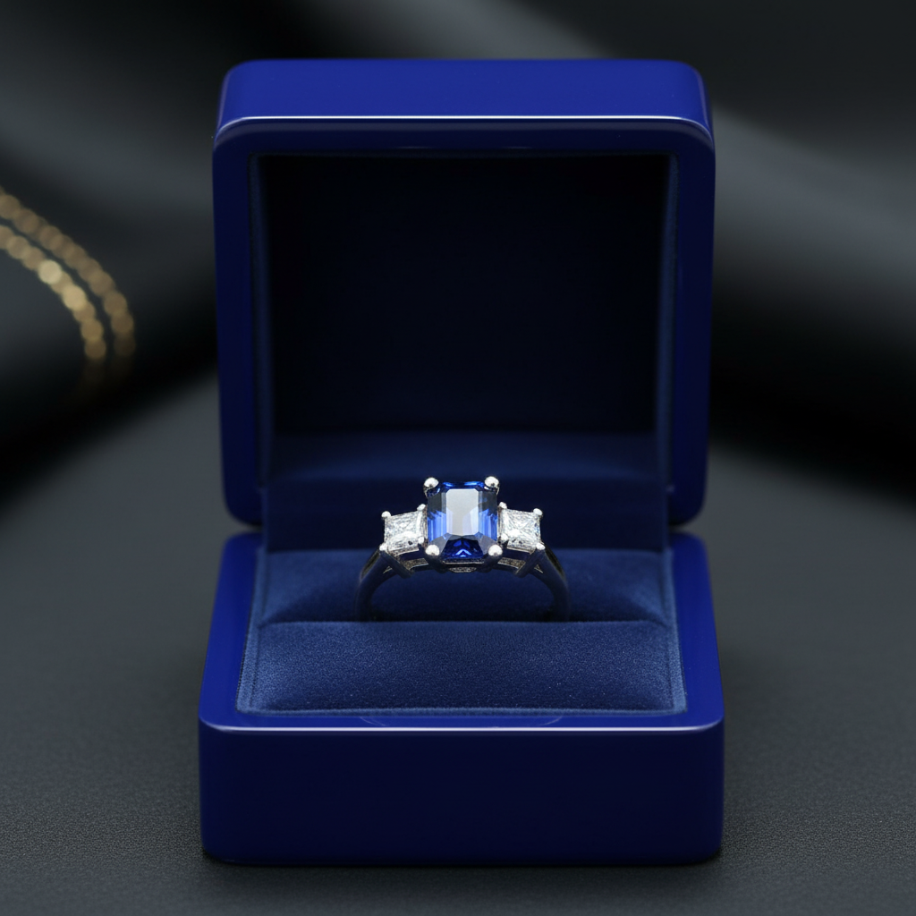 14k gold three-stone sapphire and diamond fashion ring with 1.48 carats total, displayed in a gift box.