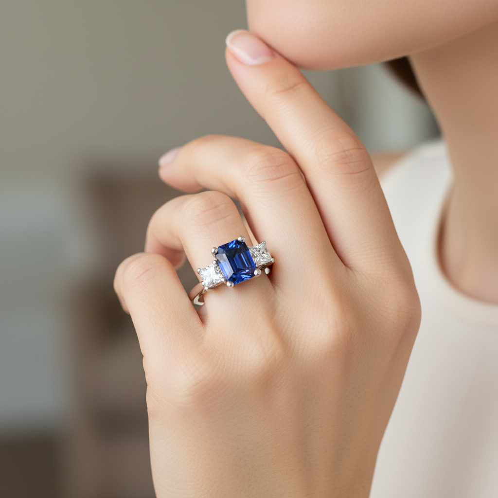 14k gold three stone sapphire and diamond fashion ring on hand, showcasing elegant blue gemstone accents and sparkling diamonds.