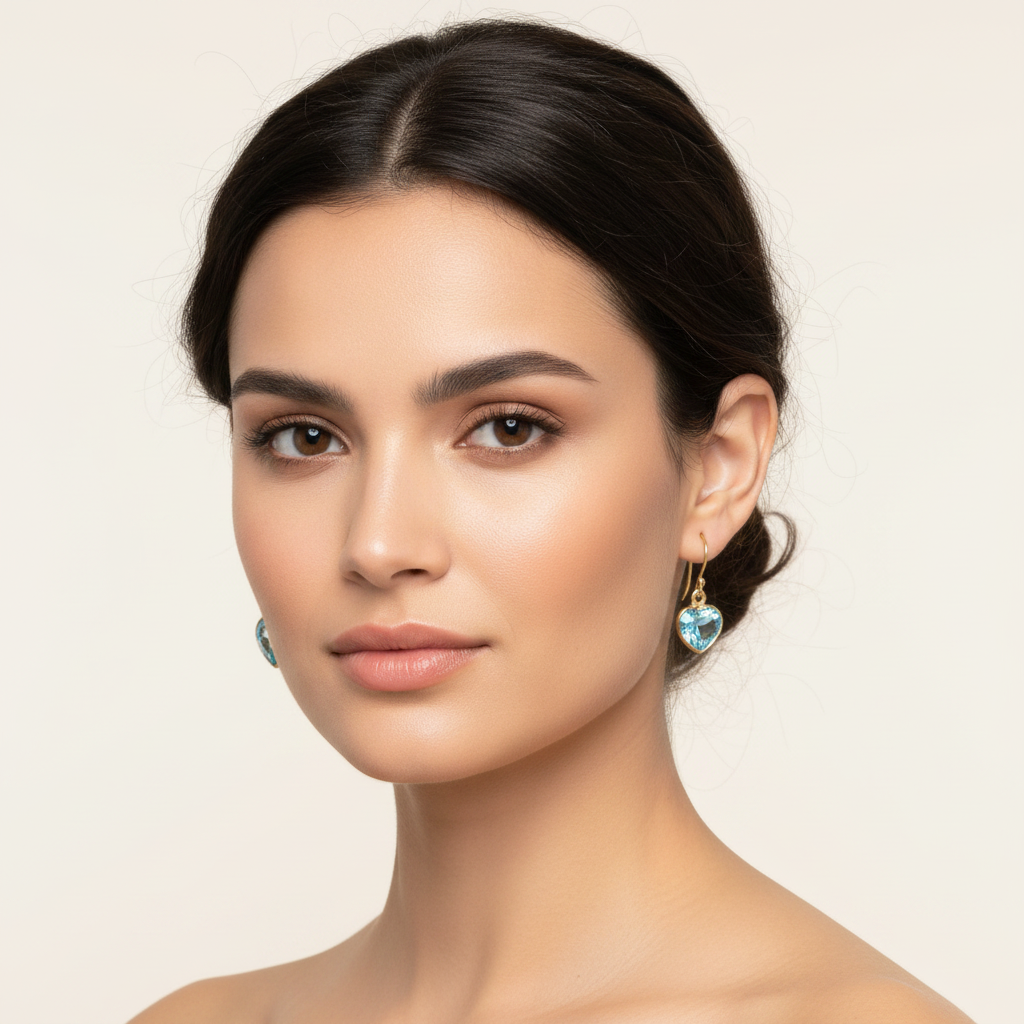 Blue Topaz Heart Earrings on Model