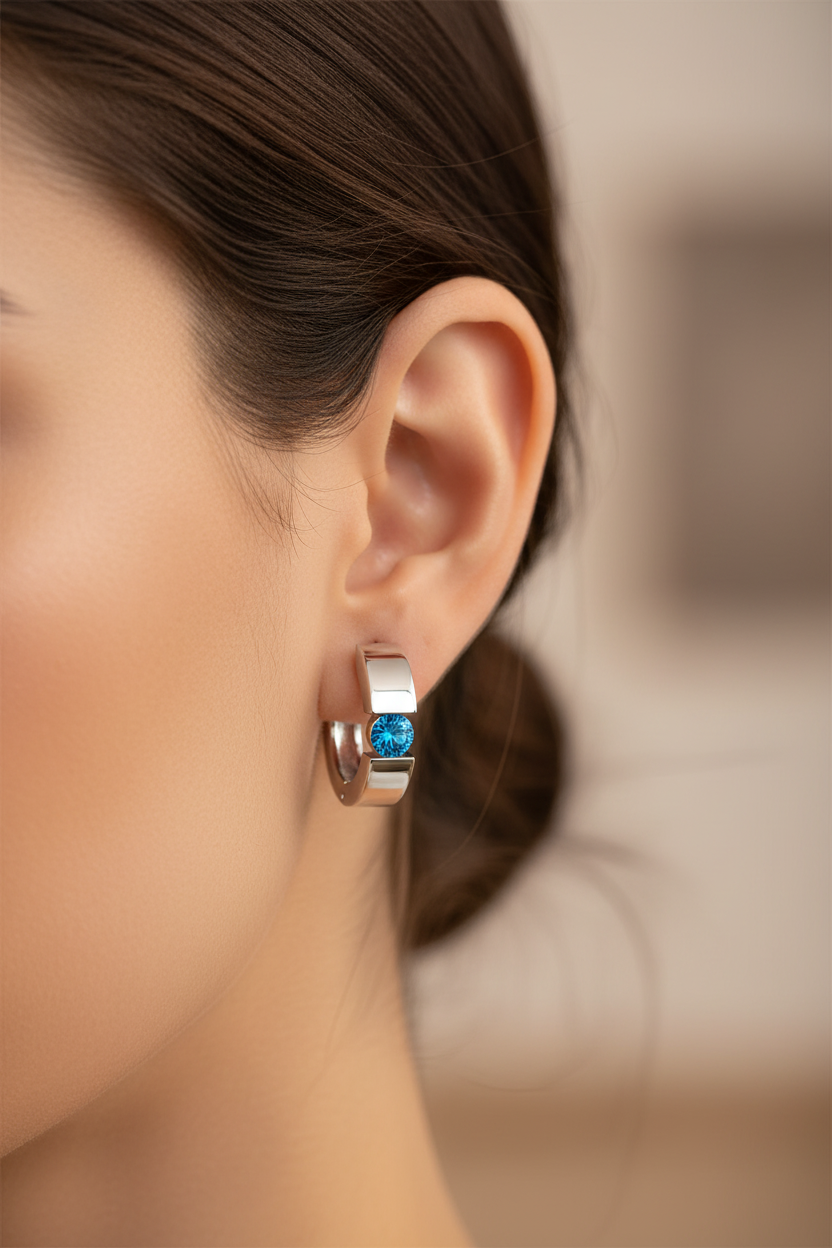 Blue Topaz Huggie Earrings on Model
