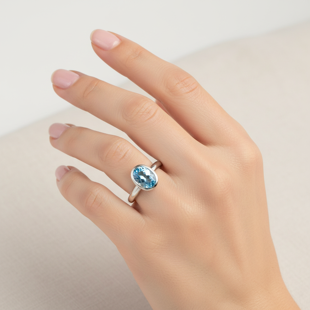 14k gold oval blue-topaz solitaire fashion ring with 0.50 carats on a model's hand, showcasing elegant jewelry style