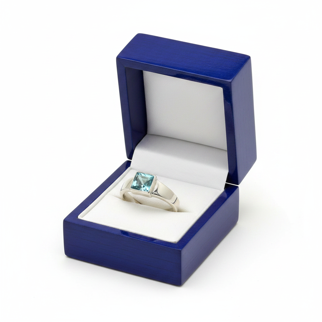 Blue Topaz Solitaire Ring in Royal Blue Gift Box