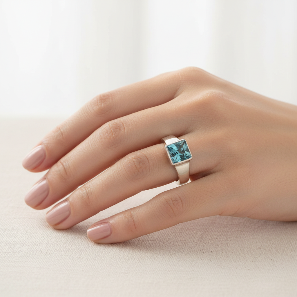 Blue Topaz Solitaire Ring on Model