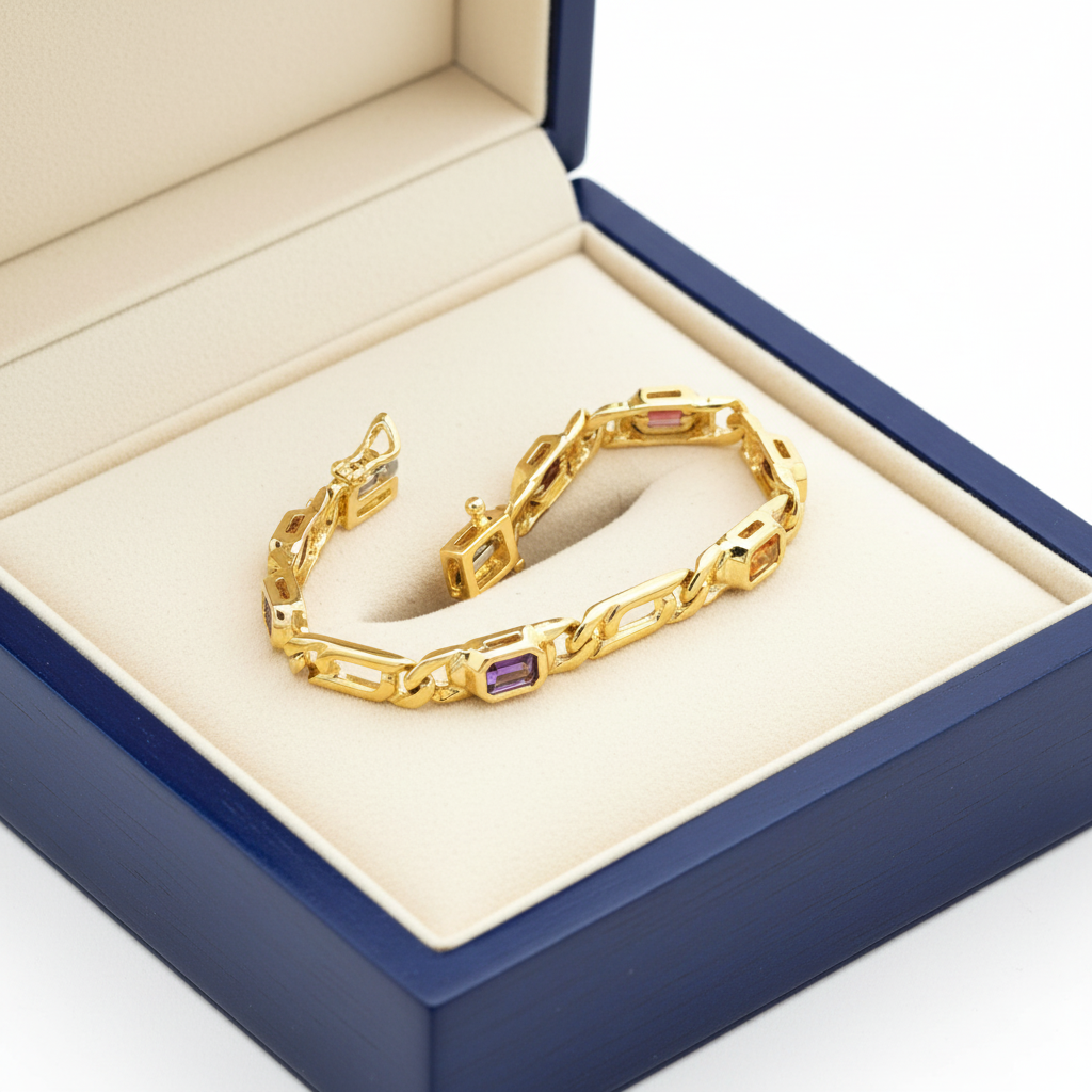 14k gold emerald-cut multi-colored gemstone bracelet with 3.0 cts tw, displayed in a royal blue jewelry box.
