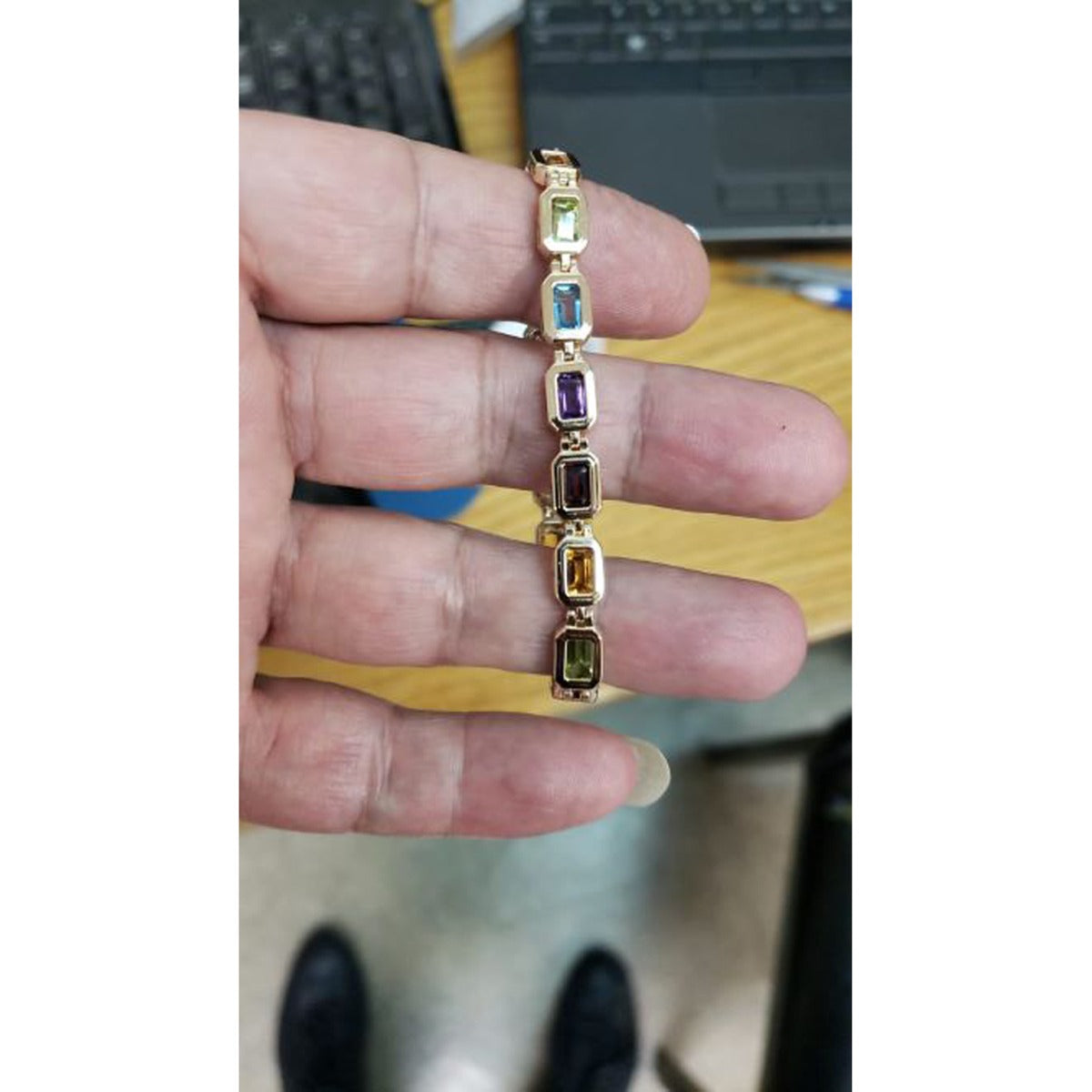14k Gold Multi Color Emerald-Cut Gemstone Tennis Bracelet On Hand (6.40.cts.tw)