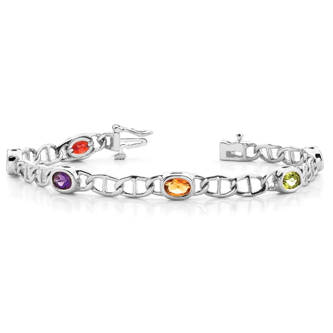 14k White Gold Oval Multi Gemstone Link Bracelet (6.0.cts.tw)