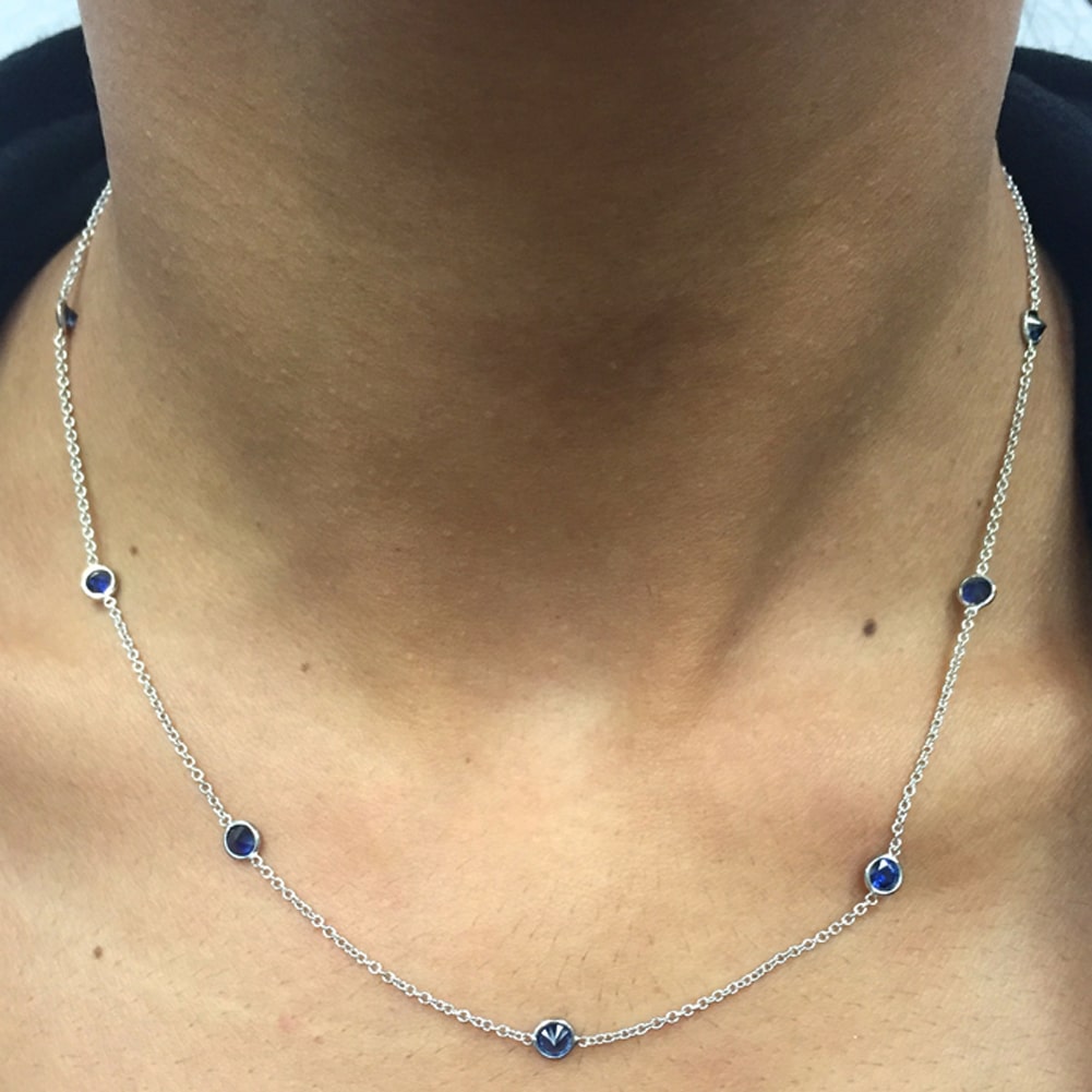 14K Round Sapphire By The Yard Necklace On Woman Neck (1.45.cts.tw)