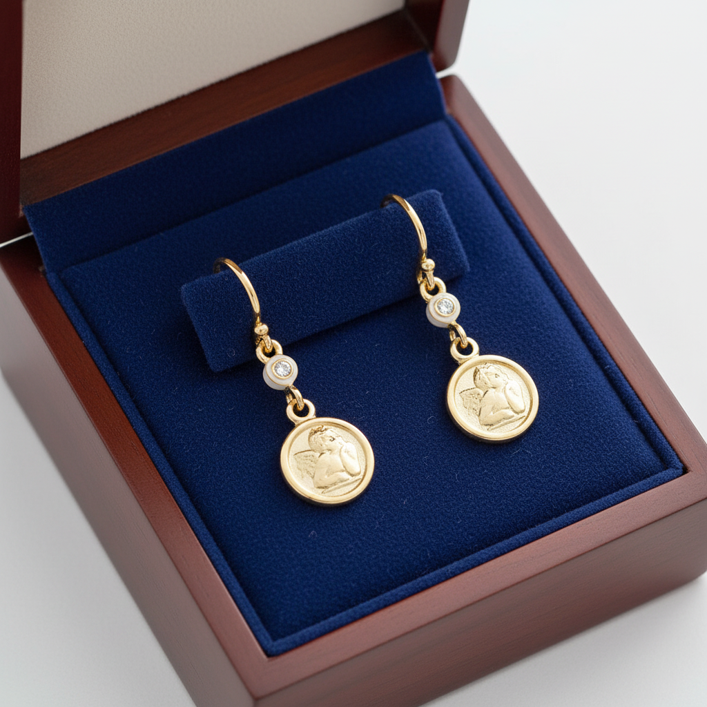 Cherub Earrings in Royal Blue Wooden Box
