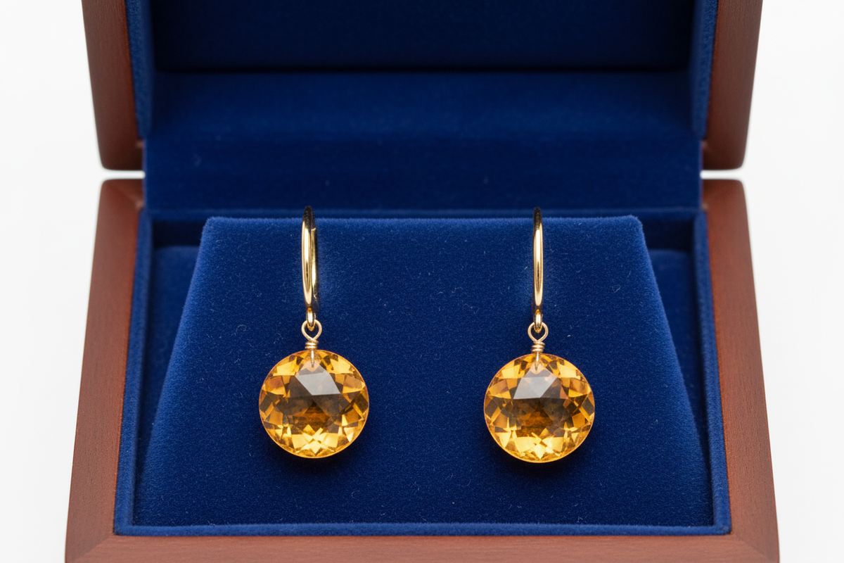 Citrine Chandelier Earrings in Wooden Royal Blue Box