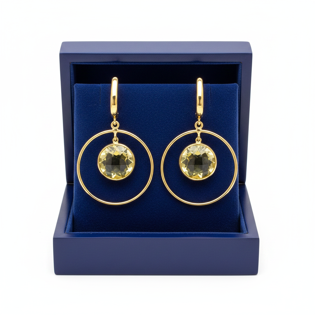 Citrine Dangle Hoop Earrings in Royal Blue Box
