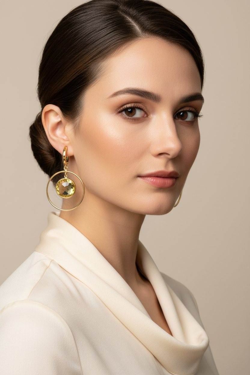 Citrine Dangle Hoop Earrings on Model