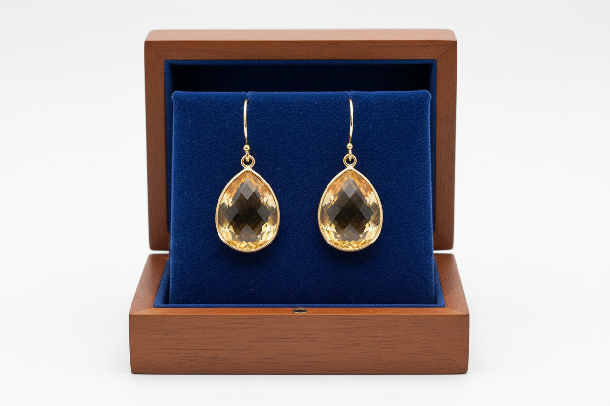 Citrine Pear Earrings in Wooden Royal Blue Box