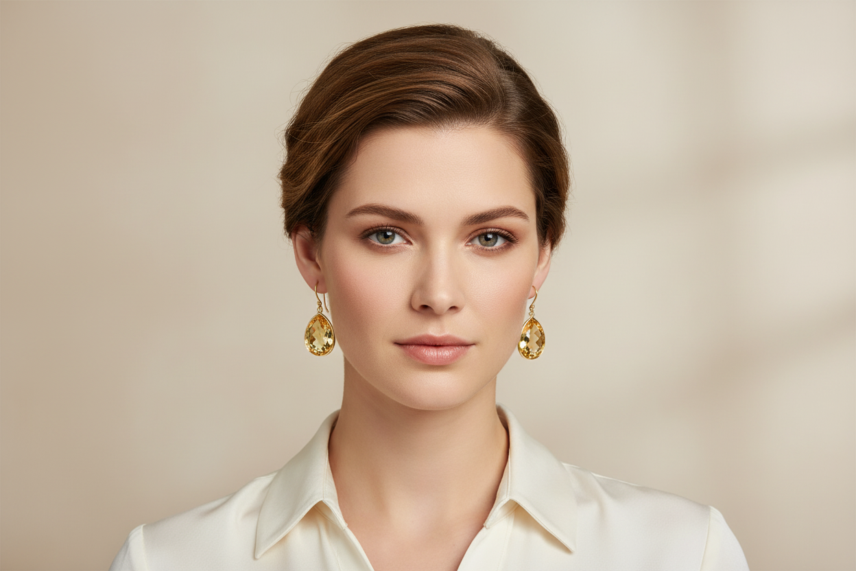 Citrine Pear Earrings on Model
