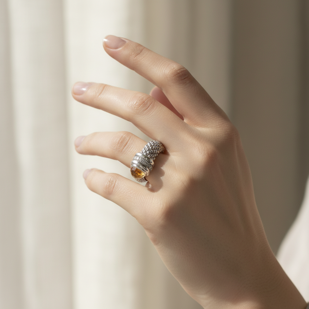 Citrine Popcorn Diamond Ring on Model
