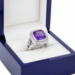 Cushion Amethyst Diamond Ring in Royal Blue Gift Box