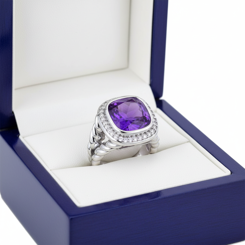 Cushion Amethyst Diamond Ring in Royal Blue Gift Box