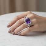 Cushion Amethyst Diamond Ring on Model