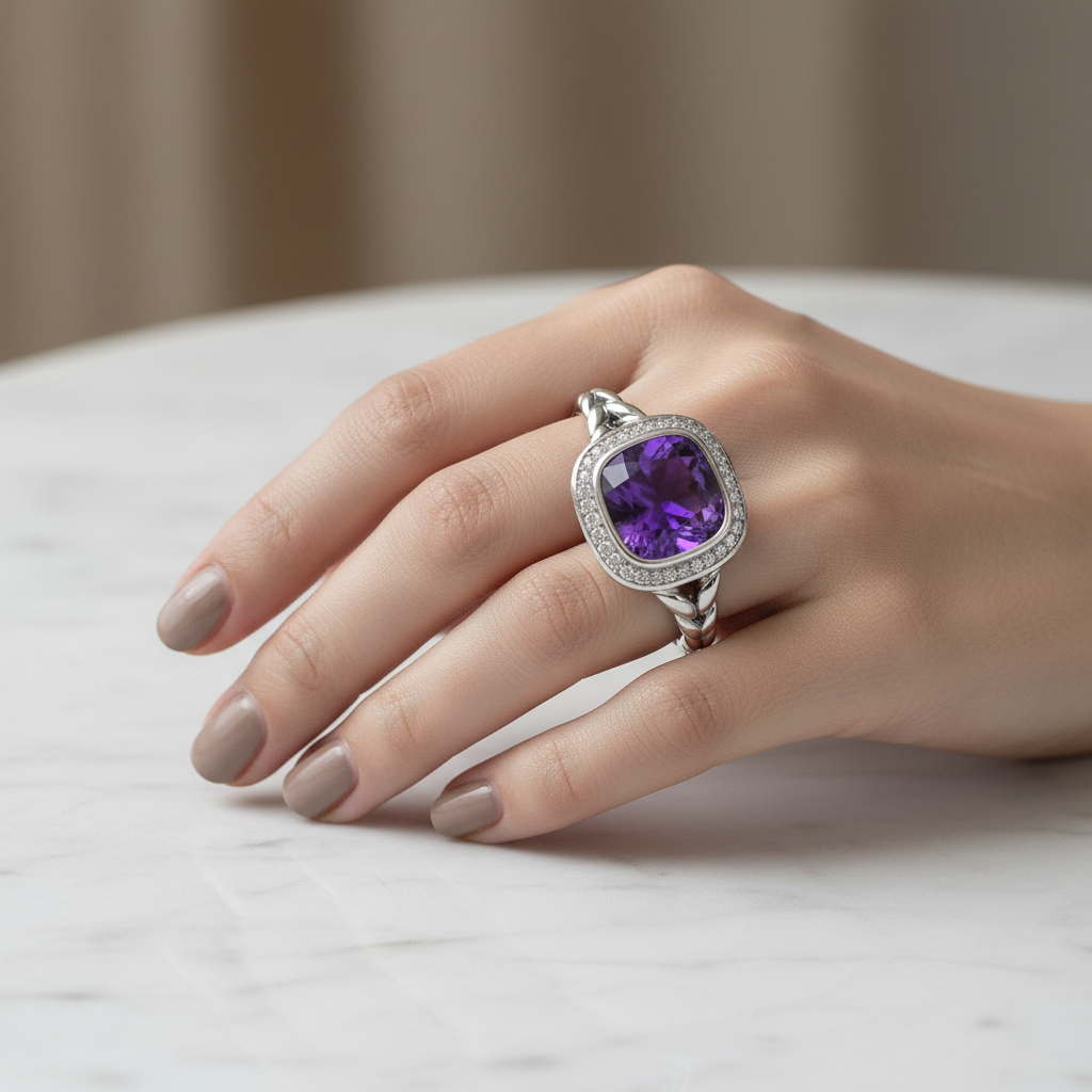 Cushion Amethyst Diamond Ring on Model