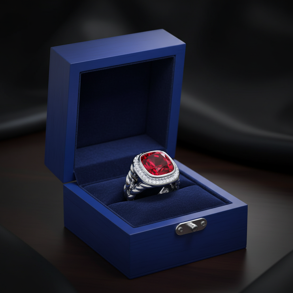 Cushion Garnet Diamond Ring in Gift Box