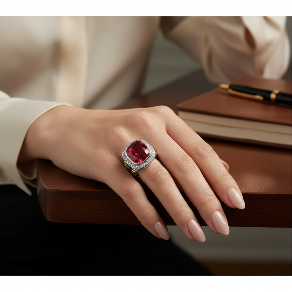 Cushion Garnet Diamond Ring on Hand