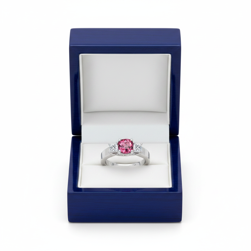 14k gold cushion diamond and pink tourmaline fashion ring in a royal blue gift box, showcasing sparkling gemstones and elegant design.