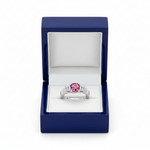 14k gold cushion diamond and pink tourmaline fashion ring in a royal blue gift box, showcasing sparkling gemstones and elegant design.