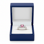 14k gold cushion tourmaline and diamond fashion ring in royal blue gift box, showcasing pink gemstone and sparkling accents.