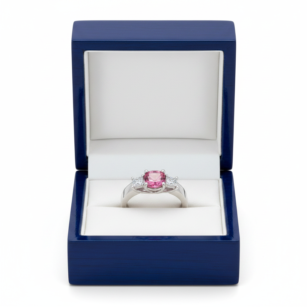 14k gold cushion tourmaline and diamond fashion ring in royal blue gift box, showcasing pink gemstone and sparkling accents.
