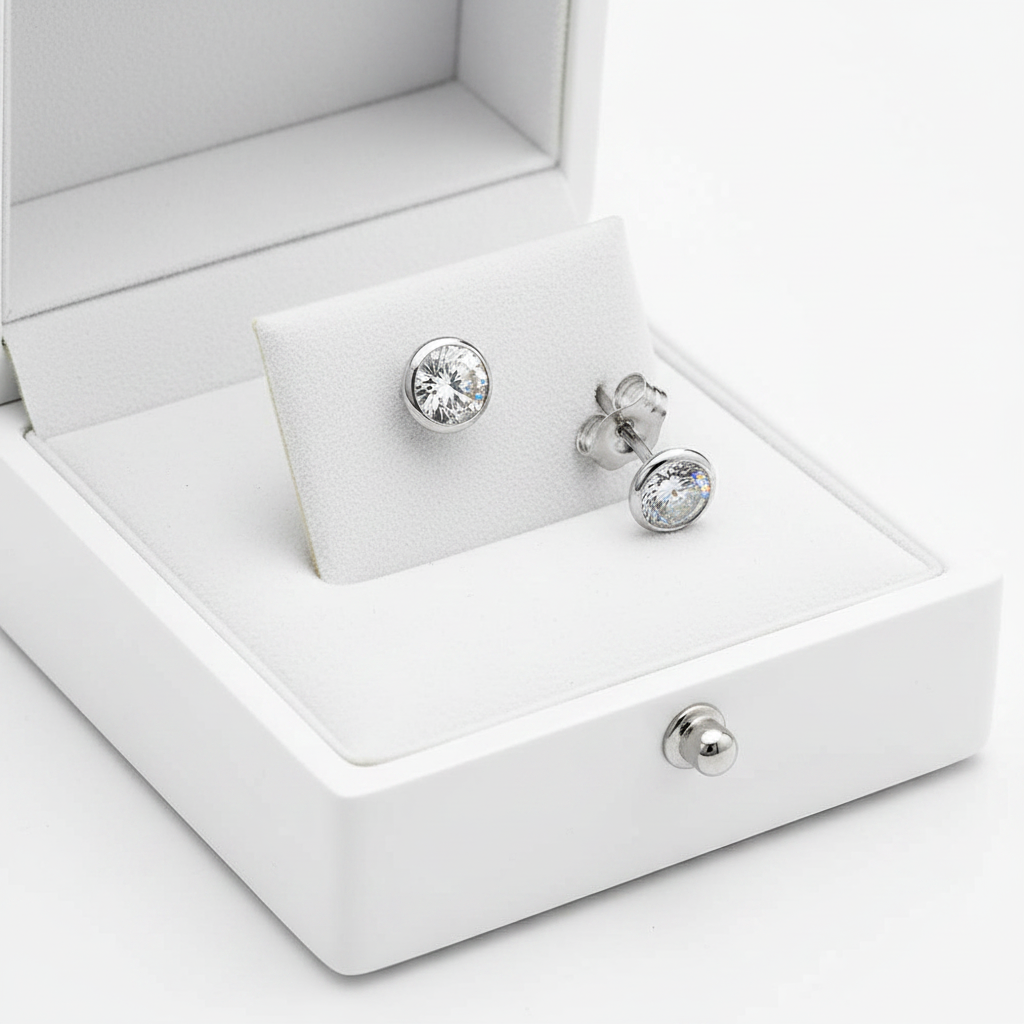 CZ Bezel Stud Earrings in Box