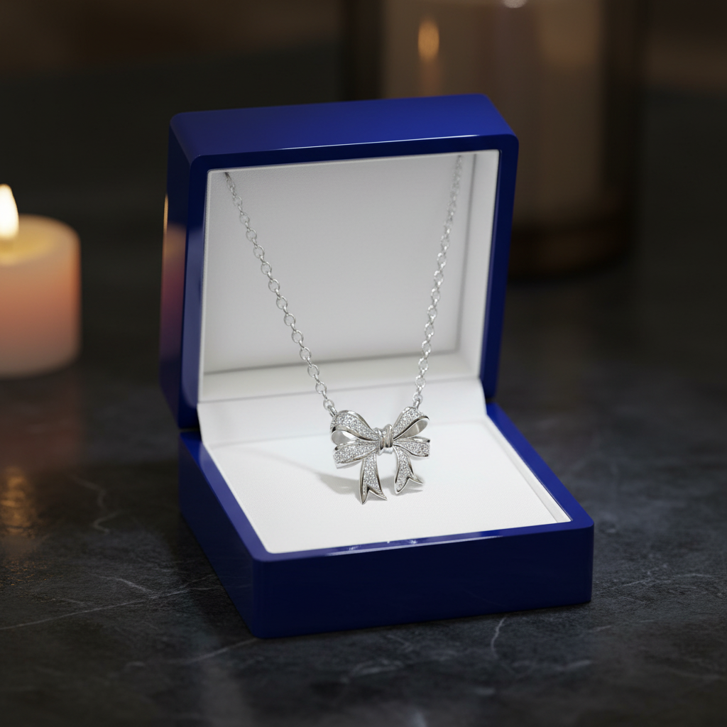 Diamond Bow Pendant - Royal Blue Wooden Box