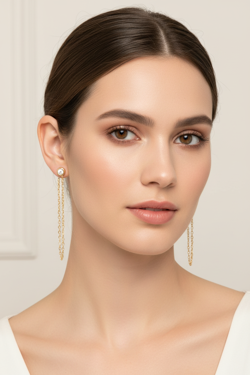 Diamond chain earrings on model