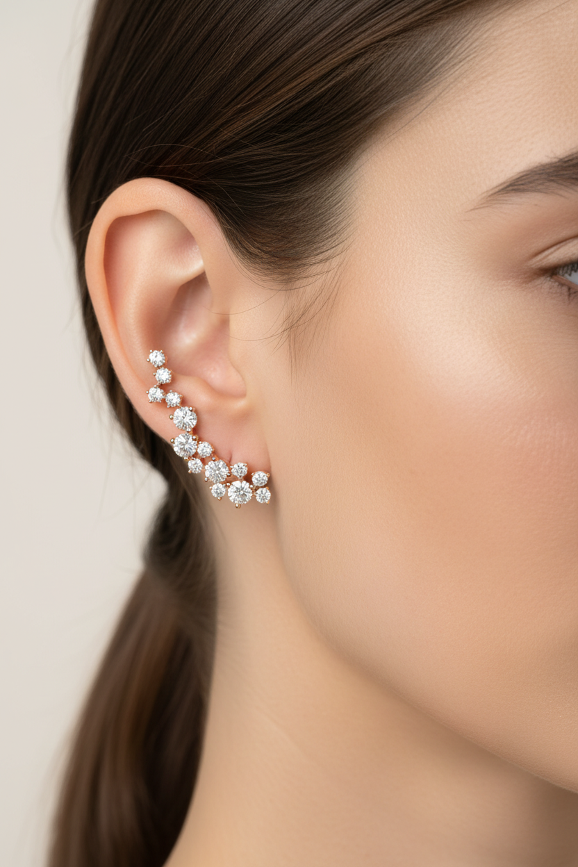 Diamond cluster crawler earrings on model