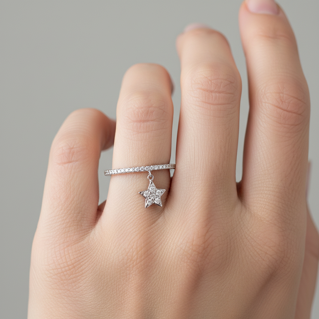 Diamond Dangle Star Ring on Hand