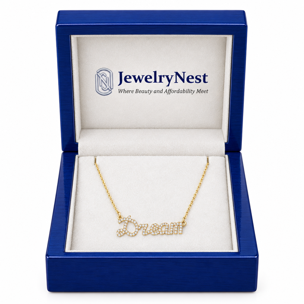 Diamond Dream script name necklace displayed in an open royal-blue wooden JewelryNest box